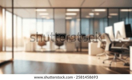 Blurred modern office with soft light bokeh. Warm, professional workspace with natural lighting and contemporary design, perfect for corporate backgrounds.