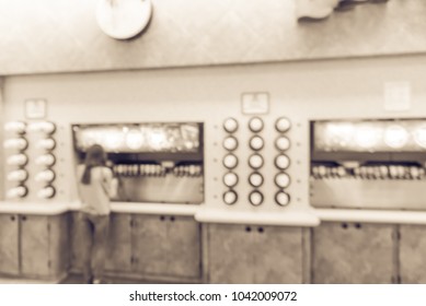 Blurred Motion Customer Pouring Soft Drink At Gas Station Fountain. Modern Convenience Store With Row Of Variety Self-service Machines Selling Fresh Sugar Drinks. Vintage Tone