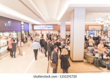 Blurred Motion People Have Happy Hour, Casual Business Meeting At The Lobby Of Luxury Hotel In San Francisco, California, USA. Blurry Abstract Background Industry Networking Event