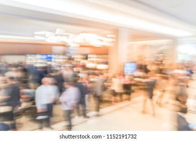 Blurred Motion People Have Happy Hour, Casual Business Meeting At The Lobby Of Luxury Hotel In San Francisco, California, USA. Blurry Abstract Background Industry Networking Event