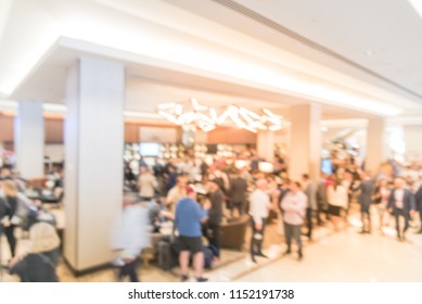 Blurred Motion People Have Happy Hour, Casual Business Meeting At The Lobby Of Luxury Hotel In San Francisco, California, USA. Blurry Abstract Background Industry Networking Event