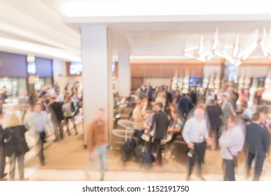 Blurred Motion People Have Happy Hour, Casual Business Meeting At The Lobby Of Luxury Hotel In San Francisco, California, USA. Blurry Abstract Background Industry Networking Event