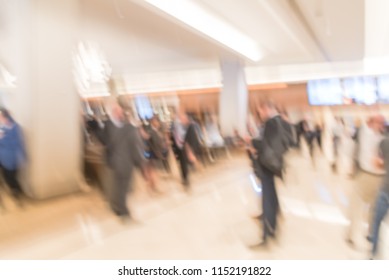 Blurred Motion People Have Happy Hour, Casual Business Meeting At The Lobby Of Luxury Hotel In San Francisco, California, USA. Blurry Abstract Background Industry Networking Event