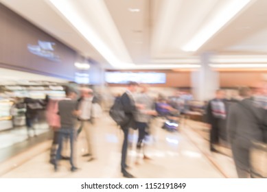 Blurred Motion People Have Happy Hour, Casual Business Meeting At The Lobby Of Luxury Hotel In San Francisco, California, USA. Blurry Abstract Background Industry Networking Event