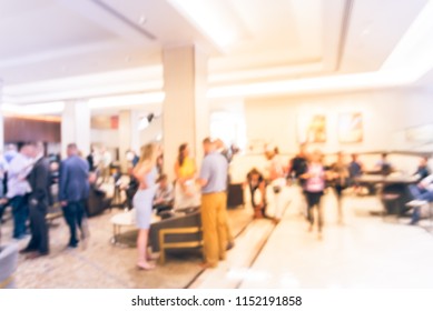 Blurred Motion People Have Happy Hour, Casual Business Meeting At The Lobby Of Luxury Hotel In San Francisco, California, USA. Blurry Abstract Background Industry Networking Event