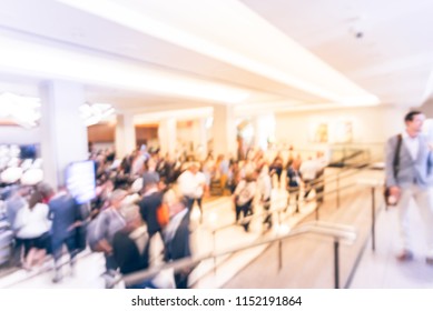 Blurred Motion People Have Happy Hour, Casual Business Meeting At The Lobby Of Luxury Hotel In San Francisco, California, USA. Blurry Abstract Background Industry Networking Event