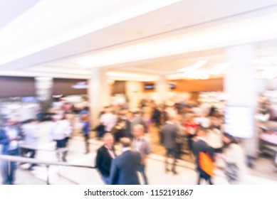 Blurred Motion People Have Happy Hour, Casual Business Meeting At The Lobby Of Luxury Hotel In San Francisco, California, USA. Blurry Abstract Background Industry Networking Event