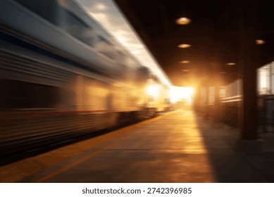 A blurred motion shot of a train pulling into a station, illuminated by the warm, golden light of a setting sun.