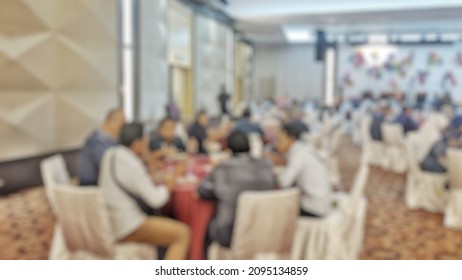 Blurred Multiethnic People In Gala Dinner At Hotel Ballroom.