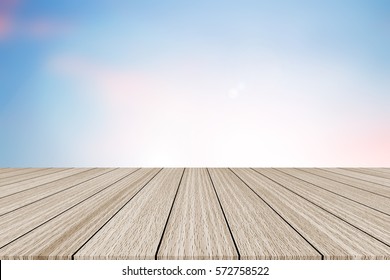 Blurred Natural Blue Sky Gradient Backdrop Wall With Old White Wood Colored Background Texture Tabletop: For Advertise,show Products On Display