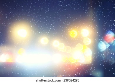 Blurred Night Background City Traffic Road City Lights Winter Snow Glare