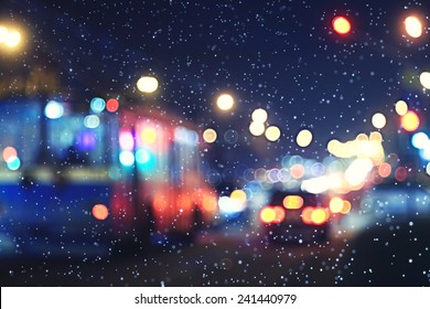 Blurred Night Background City Traffic Road City Lights Winter Snow Glare