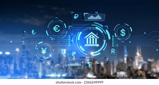 Blurred night skyline, central bank digital currency with circuit board lines. Concept of digital assets, blockchain, transaction, payment and business technology