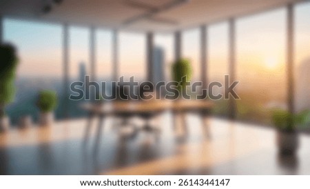 Blurred office interior background with large windows with city urban view, plants and wooden table at sunset. Modern workplace and green urban concept. Design for poster, wallpaper, Spate.