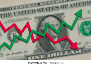 Blurred One US Dollar Bill With Green Stock Market Chart Arrow Going Up And Red Arrow Going Down. Dollar Exchange Rate Going Both Up And Down Concept.