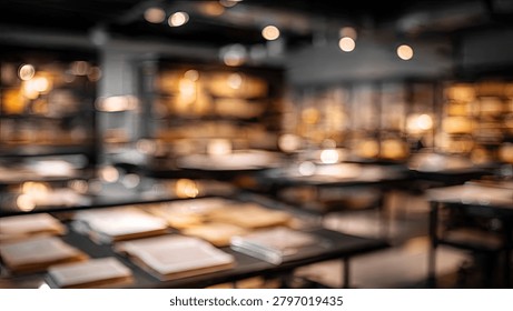 A blurred, out-of-focus interior view of a library or archive with tables and books, featuring warm ambient lighting and a scholarly atmosphere.