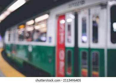 Blurred Passengers In Green Line Train At Government Center Station In Boston, USA.