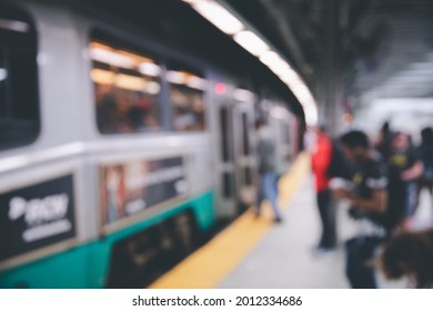 Blurred Passengers Waiting Metro At Green Line Stop Platform In Government Center Station In Boston, USA.