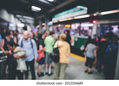 Blurred Passengers Waiting Metro At Green Line Stop Platform In Government Center Station In Boston, USA.