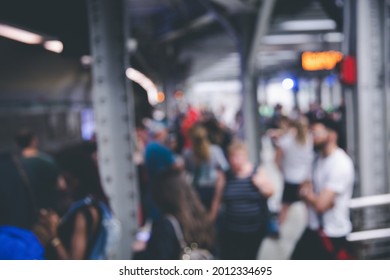 Blurred Passengers Waiting Metro At Green Line Stop Platform In Government Center Station In Boston, USA.