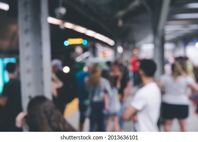 Blurred Passengers Waiting Metro At Green Line Stop Platform In Government Center Station In Boston, USA.