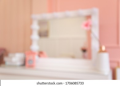 Blurred Pastel Sweet Corner For Feminine Vanity, Makeup Table And Square Mirror And Pink Wall Background .