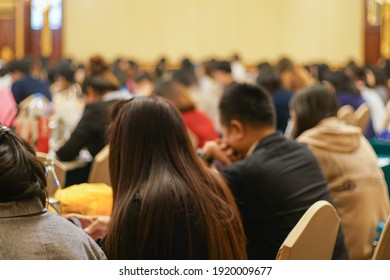 Blurred People Sitting In Business Seminar Room In Hotel Business Background