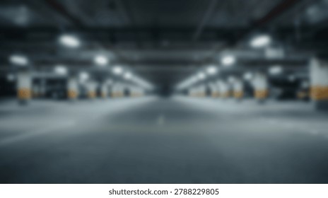 A blurred perspective of an empty underground parking garage features rows of illuminated pillars and a long central aisle receding into the distance.