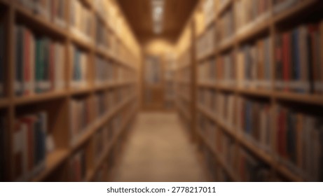 A blurred perspective of a library interior, showcasing bookshelves filled with books. The image conveys themes of literature, knowledge, and education.