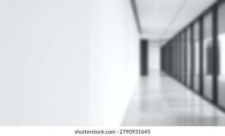 A blurred perspective of a long empty office hallway featuring white walls and dark glass partitions in a bright interior space.