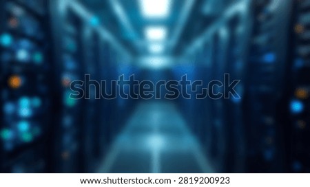 A blurred perspective of a modern data center server room with rows of racks and glowing blue lights, creating a futuristic atmosphere.