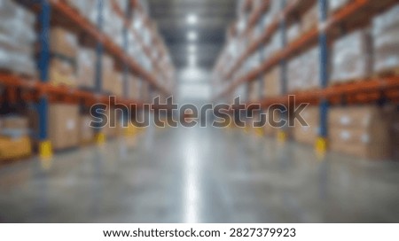 A blurred perspective shot down the aisle of a vast warehouse interior. Tall metal shelves are stacked high with numerous cardboard boxes, suggesting logistics and storage.