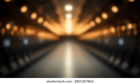 A blurred perspective shot looking down a long corridor with warm, glowing lights creating a sense of depth and warmth.