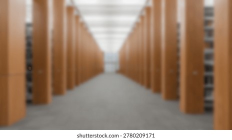 A blurred perspective shot showcasing rows of wooden pillars inside a contemporary library, creating a sense of depth and architectural design.