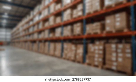 A blurred perspective of a spacious warehouse facility featuring rows of tall metal racks filled with stacked cardboard shipping boxes in an industrial setting.
