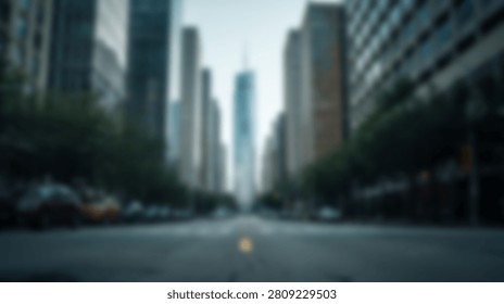 A blurred perspective view down a city street lined with tall skyscrapers and trees, suggesting urban life.