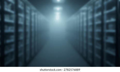 A blurred perspective view down a dark server room aisle with rows of equipment racks on either side.