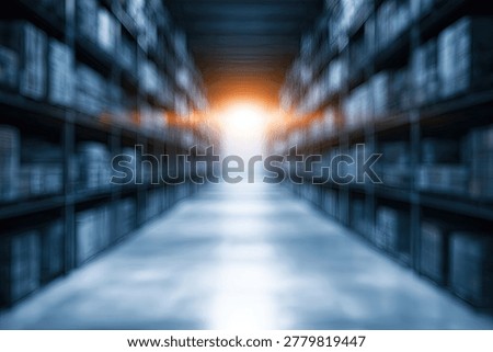 A blurred perspective view down a long warehouse aisle, showcasing rows of shelves filled with boxes, illuminated by a bright light source at the far end.