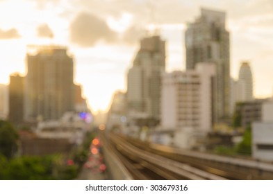 Blurred Photo Of City Scape In Sunset Time With Light Bokeh , Bangkok Cityscape.