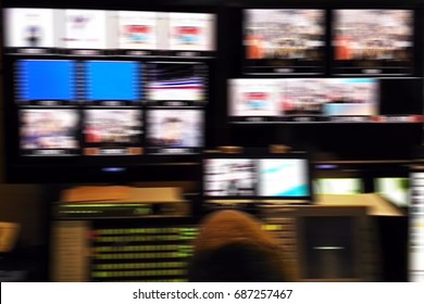 Blurred picture video switch of Television Broadcast, working with video and audio mixer, control broadcasts in recording studio.