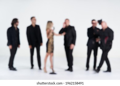 Blurred Portrait Of Diverse People Group On White Background. Group Of Happy Young People Standing Together