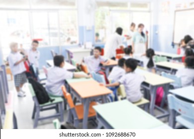 Blurred Primary School With Parent And Children In Background.Defocus Open House Day At For Kindergarten Students.