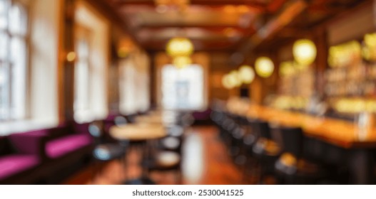 Blurred pub interior, warm ambient lighting, cozy bar atmosphere, soft focus on furnishings, inviting social space for drinks and gathering