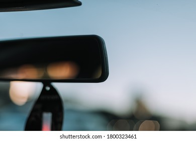 Blurred Review Mirror In The Car Close Up