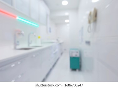 Blurred Room For Disinfection Tools For Dentistry, White Interior, No People, Copy Space