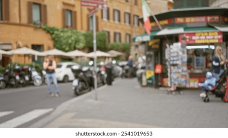 Blurred scene of people and street life in old town rome, italy featuring outdoor cafes, pedestrians, and colorful architecture with a defocused italian street vibe. - Powered by Shutterstock