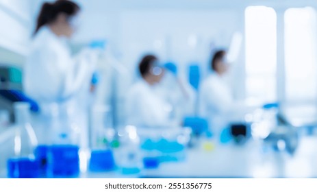 Blurred Scientific Research Laboratory with Scientists and Equipment