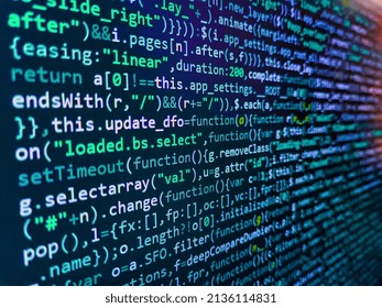 Blurred Screen With Selective Focus. Database Bits Access Stream Visualisation. Hi-tech Modern Screen Of Data, Digits And Chars On Monitor