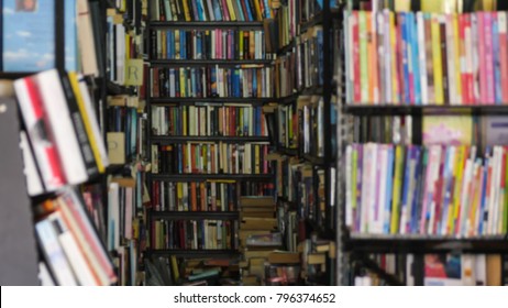 Blurred Second Hand Books On Shelf In The Old Store.