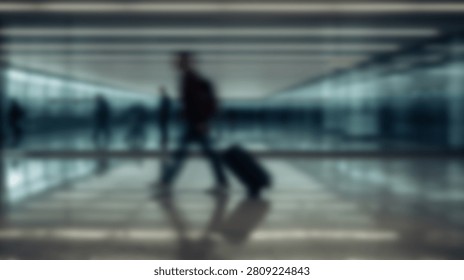 A blurred silhouette of a man pulling a rolling suitcase through a long, modern airport terminal hallway with reflections on the floor.